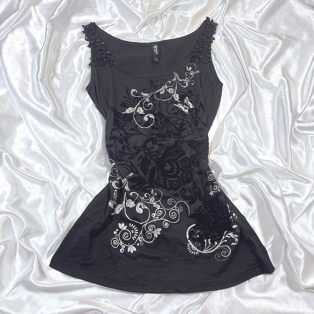 y2k Tank Top Black Excellent Beaded Shoulder Graphic Butterfly Floral S 34/36